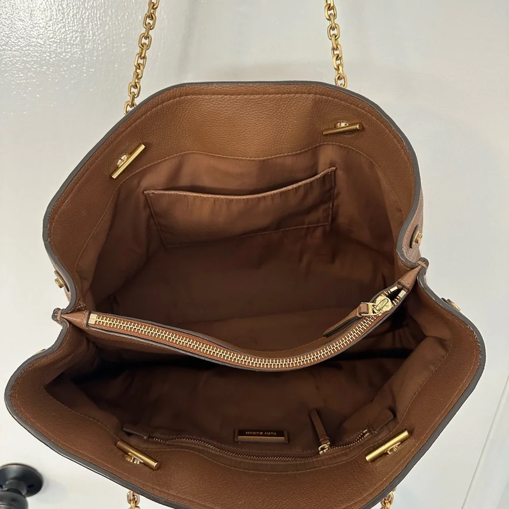 Tory Burch Cognac Pebbled Leather Tote with Gold Logo Chain